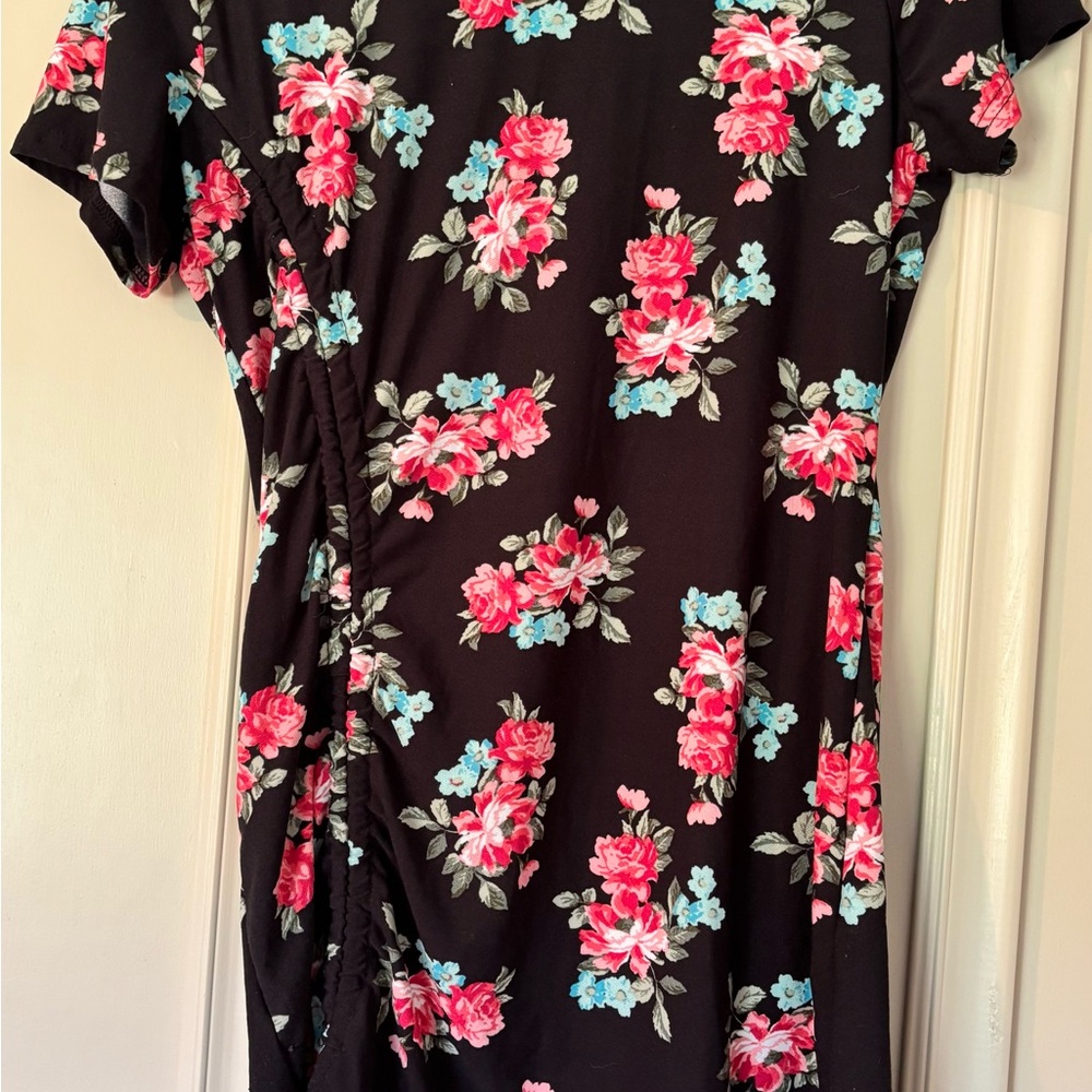 Floral Black Dress with Pink and Blue Accents